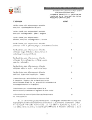 _____________________________________________________________________________
__
“Decenio de la Igualdad de Oportunidad para Mujeres y Hombres”
“Año del Diálogo y la Reconciliación Nacional”
DICTAMEN DEL PROYECTO DE LEY 3282/2018-PE QUE
PROPONE LA LEY DE PRESUPUESTO DEL SECTOR
PÚBLICO PARA EL AÑO FISCAL 2019
2
COMISIÓN DE PRESUPUESTO Y CUENTA GENERAL DE LA REPÚBLICA
DESCRIPCIÓNDESCRIPCIÓNDESCRIPCIÓNDESCRIPCIÓN ANEXOANEXOANEXOANEXO
Distribución del gasto del presupuesto del sector 1
público por categoría y genérica del gasto.
Distribución del gasto del presupuesto del sector 2
público por nivel de gobierno y genérica del gasto.
Distribución del gasto del presupuesto 3
del sector público por nivel de gobierno y funciones.
Distribución del gasto del presupuesto del sector 4
público por niveles de gobierno, pliegos y fuentes de financiamiento
Distribución del gasto del presupuesto del sector 5
público por pliegos del Gobierno Nacional a nivel de
productos, proyectos y actividades.
Distribución del gasto del presupuesto del sector 6
público por Gobierno Regional a nivel de productos,
proyectos y actividades.
Distribución del gasto del presupuesto del sector 7
público por gobiernos locales y genéricas del gasto.
Distribución del gasto del presupuesto del sector 8
público por programas presupuestales y pliegos.
Financiamiento para la continuidad de ejecución 2019 I
de inversiones y proyectos que recibieron recursos en
el marco de los artículos 13 y 14 y la disposición complementaria
final sexagésima sétima de la Ley 30693
Financiamiento para intervenciones del Plan de la II
Reconstrucción con Cambios con cargo a los recursos Fondes
Financiamiento de inversiones en materia de infraestructura III
vial, aérea y portuaria
1.3. Las subvenciones y cuotas internacionales a ser otorgadas durante el Año Fiscal 2019 por
los pliegos presupuestarios están contenidas en los anexos: “A: Subvenciones para Personas Jurídicas -
Año Fiscal 2019” y “B: Cuotas Internacionales - Año Fiscal 2019” de la presente ley. Durante el Año
Fiscal 2019, previa evaluación y priorización por el Ministerio de Relaciones Exteriores, se puede
 