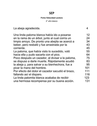 SEP
                       Ficha Velocidad Lectora
                            2° año básico


La abeja agradecida.                                 4

Una linda paloma blanca había ido a posarse          12
en la rama de un árbol, junto al cual corría un      24
limpio arroyo. De pronto una abejita se acercó a     34
beber, pero resbaló y fue arrastrada por la          43
corriente.                                           45
La paloma, que había visto lo sucedido, voló         55
hacia ella y pudo sacarla con el pico.               64
Poco después un cazador, al divisar a la paloma,     75
se dispuso a darle muerte. Rápidamente acudió        83
la abeja y, para salvar a su bienhechora, fue a      95
picar la mano del hombre.                           101
Por efecto del dolor el cazador sacudió el brazo,   111
fallando así el disparo.                            116
La linda palomita blanca acababa de recibir         123
una hermosa recompensa por su buena acción.         131
 