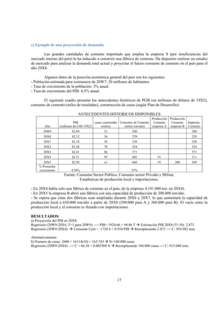 17
c) Ejemplo de una proyección de demanda
Las grandes cantidades de cemento importado que emplea la empresa S (por insuficiencias del
mercado interno del país) la ha inducido a construir una fábrica de cemento. Ha dispuesto realizar un estudio
de mercado para analizar la demanda total actual y proyectar el futuro consumo de cemento en el país para el
año 20X8.
Algunos datos de la posición económica general del país son los siguientes:
- Población estimada para comienzos de 20W7: 20 millones de habitantes
- Tasa de crecimiento de la población: 3% anual.
- Tasa de crecimiento del PIB: 4,5% anual.
El siguiente cuadro presenta los antecedentes históricos de PGB (en millones de dólares de 19X2),
consumo de cemento (miles de toneladas), construcción de casas (según Plan de Desarrollo):
ANTECEDENTES HISTORICOS DISPONIBLES
Año
PIB
(millones de US$ 19X2)
casas construidas
(miles)
Consumo de Cemento
(miles ton/año)
Producción
Cemento
empresa A
Producción
Cemento
empresa B
Importac.
Cemento
20W9 $2.04 21 200 200
20X0 $2.12 26 229 229
20X1 $2.18 56 320 320
20X2 $2.28 70 354 354
20X3 $2.41 86 571 571
20X4 $2.51 95 602 91 511
20X5 $2.50 s/i 660 91 200 369
% Promedio
crecimiento 4.50% 25%
Fuente: Consumo Sector Publico, Consumo sector Privado y Militar.
Estadísticas de producción local e importaciones.
- En 20X4 había solo una fábrica de cemento en el país, de la empresa A (91.000 ton. en 20X4).
- En 20X5 la empresa B abrió una fábrica con una capacidad de producción de 200.000 ton/año.
- Se espera que estas dos fábricas sean ampliadas durante 20X6 y 20X7, lo que aumentará la capacidad de
producción local a 650.000 ton/año a partir de 20X8 (290.000 para A y 360.000 para B). El vacío entre la
producción local y el consumo es llenado con importaciones.
RESULTADOS:
a) Proyección del PIB en 20X8:
Regresión (20W9-20X4, T=1 para 20W9): --> PIB= 1924.66 + 94.86 T Estimación PIB 20X8 (T=10): 2.873
Regresión (20W9-20X4): Consumo Cem = -1728.4 + 0.934 PIB Reemplazando 2.873 --> C: 954.982 tons.
Alternativamente:
b) Numero de casas: 2600 + 16114(10) = 163.743 N=160.000 casas
Regresión (20W9-20X4): --> C = 66.38 + 0.005304 N Reemplazando 160.000 casas --> C: 915.040 tons.
 