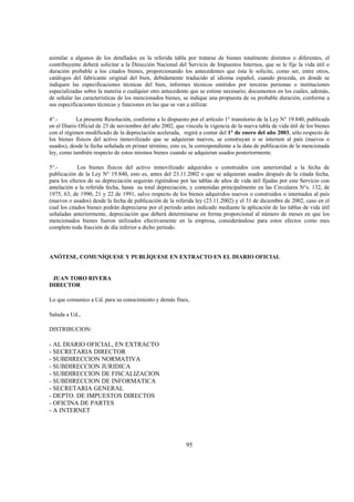95
asimilar a algunos de los detallados en la referida tabla por tratarse de bienes totalmente distintos o diferentes, el
contribuyente deberá solicitar a la Dirección Nacional del Servicio de Impuestos Internos, que se le fije la vida útil o
duración probable a los citados bienes, proporcionando los antecedentes que ésta le solicite, como ser, entre otros,
catálogos del fabricante original del bien, debidamente traducido al idioma español, cuando proceda, en donde se
indiquen las especificaciones técnicas del bien, informes técnicos emitidos por terceras personas o instituciones
especializadas sobre la materia o cualquier otro antecedente que se estime necesario; documentos en los cuales, además,
de señalar las características de los mencionados bienes, se indique una propuesta de su probable duración, conforme a
sus especificaciones técnicas y funciones en las que se van a utilizar.
4°.- La presente Resolución, conforme a lo dispuesto por el artículo 1° transitorio de la Ley N° 19.840, publicada
en el Diario Oficial de 23 de noviembre del año 2002, que vincula la vigencia de la nueva tabla de vida útil de los bienes
con el régimen modificado de la depreciación acelerada, regirá a contar del 1° de enero del año 2003, sólo respecto de
los bienes físicos del activo inmovilizado que se adquieran nuevos, se construyan o se internen al país (nuevos o
usados), desde la fecha señalada en primer término, esto es, la correspondiente a la data de publicación de la mencionada
ley, como también respecto de estos mismos bienes cuando se adquieran usados posteriormente.
5°.- Los bienes físicos del activo inmovilizado adquiridos o construidos con anterioridad a la fecha de
publicación de la Ley N° 19.840, esto es, antes del 23.11.2002 o que se adquieran usados después de la citada fecha,
para los efectos de su depreciación seguirán rigiéndose por las tablas de años de vida útil fijadas por este Servicio con
antelación a la referida fecha, hasta su total depreciación, y contenidas principalmente en las Circulares N°s. 132, de
1975, 63, de 1990, 21 y 22 de 1991, salvo respecto de los bienes adquiridos nuevos o construidos o internados al país
(nuevos o usados) desde la fecha de publicación de la referida ley (23.11.2002) y el 31 de diciembre de 2002, caso en el
cual los citados bienes podrán depreciarse por el período antes indicado mediante la aplicación de las tablas de vida útil
señaladas anteriormente, depreciación que deberá determinarse en forma proporcional al número de meses en que los
mencionados bienes fueron utilizados efectivamente en la empresa, considerándose para estos efectos como mes
completo toda fracción de día inferior a dicho período.
ANÓTESE, COMUNÍQUESE Y PUBLÍQUESE EN EXTRACTO EN EL DIARIO OFICIAL
JUAN TORO RIVERA
DIRECTOR
Lo que comunico a Ud. para su conocimiento y demás fines,
Saluda a Ud.,
DISTRIBUCION:
- AL DIARIO OFICIAL, EN EXTRACTO
- SECRETARIA DIRECTOR
- SUBDIRECCION NORMATIVA
- SUBDIRECCION JURIDICA
- SUBDIRECCION DE FISCALIZACION
- SUBDIRECCION DE INFORMATICA
- SECRETARIA GENERAL
- DEPTO. DE IMPUESTOS DIRECTOS
- OFICINA DE PARTES
- A INTERNET
 