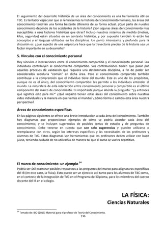 136
El seguimiento del desarrollo histórico de un área del conocimiento es una herramienta útil en
TdC. Es tentador especular que si rehiciésemos la historia del conocimiento humano, las áreas del
conocimiento tendrían una forma bastante diferente de su forma actual. ¿Qué parte de nuestro
conocimiento depende de los accidentes de la historia? ¿Son algunas áreas del conocimiento más
susceptibles a esos factores históricos que otras? Incluso nuestros sistemas de medida (metros,
kilos, segundos) están situados en un contexto histórico, y por supuesto también lo están los
conceptos y el lenguaje utilizados en las disciplinas. Un punto interesante y profundo para la
discusión es: ¿qué aspecto de una asignatura hace que la trayectoria precisa de la historia sea un
factor importante en su desarrollo?
5. Vínculos con el conocimiento personal
Hay vínculos e interacciones entre el conocimiento compartido y el conocimiento personal. Los
individuos contribuyen al conocimiento compartido. Sus contribuciones tienen que pasar por
aquellos procesos de validación que requiera una determinada disciplina, a fin de poder ser
considerados sabiduría “común” en dicha área. Pero el conocimiento compartido también
contribuye a la comprensión que el individuo tiene del mundo. Este es uno de los propósitos,
aunque no es el único, del conocimiento compartido: les permite a los individuos entender el
mundo. La naturaleza de esta interacción entre conocimiento personal y compartido es el último
componente del marco de conocimiento. Es importante porque aborda la pregunta: “¿y entonces
qué significa esto para mí?” ¿Qué impacto tienen estas áreas del conocimiento sobre nuestras
vidas individuales y la manera en que vemos el mundo? ¿Cómo forma o cambia esta área nuestra
perspectiva?
Áreas de conocimiento específicas
En las páginas siguientes se ofrece una breve introducción a cada área del conocimiento. También
hay diagramas que proporcionan ejemplos de cómo se podría abordar cada área del
conocimiento, y se incluyen sugerencias de posibles temas de estudio y de preguntas de
conocimiento. Debe tenerse en cuenta que son solo sugerencias y pueden utilizarse o
reemplazarse con otros, según los intereses específicos y las necesidades de los profesores y
alumnos de TdC. Estos diagramas son herramientas que los profesores deben utilizar con buen
juicio, teniendo cuidado de no utilizarlas de manera tal que el curso se vuelva repetitivo.
El marco de conocimiento: un ejemplo 54
Podría ser útil examinar posibles respuestas a las preguntas del marco para asignaturas específicas
del IB (en este caso, la física). Esto puede ser un ejercicio útil tanto para los alumnos de TdC como,
en el contexto de la integración de TdC en el Programa del Diploma, para los miembros del cuerpo
docente del IB en el colegio.
LA FÍSICA:
Ciencias Naturales
54
Tomado de: IBO (2013) Material para el profesor de Teoría del Conocimiento.
 