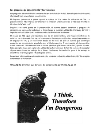 49
Las preguntas de conocimiento y la evaluación
Las preguntas de conocimiento son centrales en la evaluación de TdC. Tanto la presentación como
el ensayo tratan preguntas de conocimiento.
El diagrama presentado 4 puede ayudar a explicar las dos tareas de evaluación de TdC. La
presentación de TdC empieza por encima de la línea con una situación de la vida real, descrita en
términos de la “vida real”.
Llegado a un cierto punto en la presentación, el alumno deberá identificar la pregunta de
conocimiento subyacente (debajo de la línea). Luego la explorará utilizando el lenguaje de TdC, y
llegará a una conclusión que a su vez se traduce a términos de la vida real.
El ensayo de TdC sigue una trayectoria que es, en cierto sentido, una imagen invertida de la
anterior. Los títulos prescritos para el ensayo están formulados en términos bastante generales en
el lenguaje de TdC, y se encuentran debajo de la línea. Se pide al alumno que identifique
preguntas de conocimiento vinculadas con el título prescrito. A continuación el alumno debe
darles una forma concreta mediante el uso de ejemplos (por encima de la línea) que las ilustren.
Estos ejemplos luego son explorados utilizando las herramientas de TdC (lo cual puede necesitar
algunas excursiones por debajo de la línea). Finalmente, la conclusión general del ensayo se
encontrará en el lenguaje de TdC debajo de la línea.
Para mayor información y orientación sobre las tareas de evaluación, véase la sección “Descripción
detallada de la evaluación”.
TOMADO DE: IBO (2013) Guía de Teoría del Conocimiento. Cardiff: IBO. Pp. 21-24
 