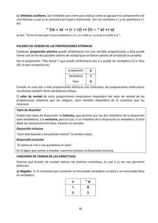 90
c) Símbolos auxiliares. Son símbolos que sirven para indicar cómo se agrupan los componentes de
una fórmula y cuál es la conectiva principal o dominante. Son los corchetes [ ] y los paréntesis ( ).
Así:
~ [(p  q)  (r  s)]  [(s  ~ p)  q]
se lee: “no es el caso que si p y q entonces r o s, si y sólo si, s y no p si y sólo si q “.
VALORES DE VERDAD DE LAS PROPOSICIONES ATÓMICAS
Cualquier proposición atómica puede simbolizarse con una variable proposicional, y ésta puede
tomar uno de los dos posibles valores de verdad (que se llaman valores de verdad de la variable).
Sea la proposición “Hoy llueve “, que puede simbolizarse por p y puede ser verdadera (1) o falsa
(O), lo que se expresa así:
proposición p
Verdadera
falsa
1
0
Cuando se unen dos o más proposiciones atómicas con conectivas, las proposiciones moleculares
resultantes también serán verdaderas o falsas.
El valor de verdad de estas proposiciones moleculares dependerá del valor de verdad de las
proposiciones atómicas que las integran, pero también dependerá de la conectiva que las
relacione.
Tipos de disyuntor
Existen dos tipos de disyunción: la inclusiva, que permite que los dos miembros de la disyunción
sean verdaderos; y la exclusiva, para la cual, si un miembro de la disyunción es verdadero, el otro
debe ser necesariamente falso. Veamos un ejemplo:
Disyunción inclusiva
“Juan está leyendo o escuchando música” (o ambas cosas).
Disyunción exclusiva
“O vamos al cine o nos quedamos en casa”.
En la lógica que vamos a estudiar usaremos siempre la disyunción inclusiva.
FUNCIONES DE VERDAD DE LAS CONECTIVAS
Veamos qué función de verdad realizan las distintas conectivas, lo cual a su vez nos permitirá
definirlas:
a) Negador. Es la conectiva que convierte un enunciado verdadero en falso y un enunciado falso
en verdadero.
p ~ p
1
0
0
1
 