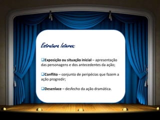 Estrutura Interna:
Exposição ou situação inicial – apresentação
das personagens e dos antecedentes da ação;
Conflito – conjunto de peripécias que fazem a
ação progredir;
Desenlace – desfecho da ação dramática.
 