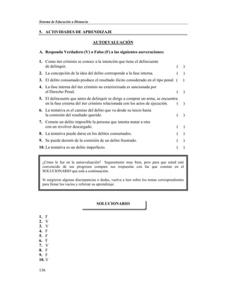 Sistema de Educación a Distancia
136
5. ACTIVIDADES DE APRENDIZAJE
AUTOEVALUACIÓN
A. Responda Verdadero (V) o Falso (F) a las siguientes aseveraciones:
1. Como iter criminis se conoce a la intención que tiene el delincuente
de delinquir. ( )
2. La concepción de la idea del delito corresponde a la fase interna. ( )
3. El delito consumado produce el resultado ilícito considerado en el tipo penal. ( )
4. La fase interna del iter criminis no exteriorizada es sancionada por
el Derecho Penal. ( )
5. El delincuente que antes de delinquir se dirige a comprar un arma, se encuentra
en la fase externa del iter criminis relacionada con los actos de ejecución. ( )
6. La tentativa es el camino del delito que va desde su inicio hasta
la comisión del resultado querido. ( )
7. Comete un delito imposible la persona que intenta matar a otra
con un revolver descargado. ( )
8. La tentativa puede darse en los delitos consumados. ( )
9. Se puede desistir de la comisión de un delito frustrado. ( )
10. La tentativa es un delito imperfecto. ( )
1. F
2. V
3. V
4. F
5. F
6. F
7. V
8. F
9. F
10. V
SOLUCIONARIO
¿Cómo le fue en la autoevaluación? Seguramente muy bien, pero para que usted esté
convencido de sus progresos compare sus respuestas con las que constan en el
SOLUCIONARIO que está a continuación.
Si surgieron algunas discrepancias o dudas, vuelva a leer sobre los temas correspondientes
para llenar los vacíos y reforzar su aprendizaje.
 