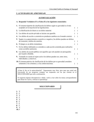 Universidad Católica de Santiago de Guayaquil
141
5. ACTIVIDADES DE APRENDIZAJE
AUTOEVALUACIÓN
A. Responda Verdadero (V) o Falso (F) a los siguientes enunciados:
1. El sistema tripartito de clasificación de delitos según su gravedad es el más
aceptado en la mayoría de las legislaciones. ( )
2. La falsificación de dinero es un delito material. ( )
3. Los delitos de acción privada se inician con querella. ( )
4. Los delitos de acción o comisión no producen cambios en el mundo exterior. ( )
5. Según si su aparecimiento es positivo o negativo, los delitos pueden ser delitos
de comisión y delitos de omisión. ( )
6. El plagio es un delito instantáneo. ( )
7. En los delitos habituales se considera a cada acción cometida para realizarlos
como un delito autónomo. ( )
8. Los delitos de acción pública son aquellos que solo pueden ser perseguidos
por la parte ofendida. ( )
9. Tomando en cuenta al sujeto activo los delitos pueden ser, entre otros,
individuales y colectivos. ( )
10. El sistema práctico de clasificación de los delitos por su gravedad considera
solamente a los crímenes y a las contravenciones. ( )
1. V
2. F
3. V
4. F
5. V
6. F
7. F
8. F
9. V
10. F
SOLUCIONARIO
¿Cómo le fue en la autoevaluación? Seguramente muy bien, pero para que usted esté
convencido de sus progresos compare sus respuestas con las que constan en el
SOLUCIONARIO que está a continuación.
Si surgieron algunas discrepancias o dudas, vuelva a leer sobre los temas correspondientes
para llenar los vacíos y reforzar su aprendizaje.
 