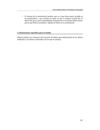 Universidad Católica de Santiago de Guayaquil
145
 El sistema de la acumulación jurídica, que es el que tiene mayor acogida en
las legislaciones y que consiste en aquel en que se impone la pena por el
delito más grave, pero aumentándola en proporción a los demás delitos menos
graves que fueron cometidos y fijando un límite en su acumulación.
4. Orientaciones específicas para el estudio
Deberá analizar los elementos del concurso de delitos para diferenciarlo de los delitos
habituales y los delitos continuados con los que se asemeja.
 
