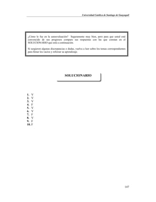 Universidad Católica de Santiago de Guayaquil
147
1. V
2. V
3. V
4. F
5. V
6. V
7. F
8. V
9. F
10. F
SOLUCIONARIO
¿Cómo le fue en la autoevaluación? Seguramente muy bien, pero para que usted esté
convencido de sus progresos compare sus respuestas con las que constan en el
SOLUCIONARIO que está a continuación.
Si surgieron algunas discrepancias o dudas, vuelva a leer sobre los temas correspondientes
para llenar los vacíos y reforzar su aprendizaje.
 
