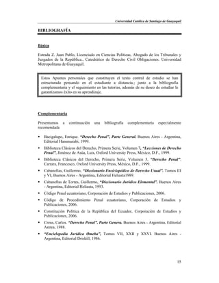 Universidad Católica de Santiago de Guayaquil
15
BIBLIOGRAFÍA
Básica
Estrada Z. Juan Pablo, Licenciado en Ciencias Políticas, Abogado de los Tribunales y
Juzgados de la República., Catedrático de Derecho Civil Obligaciones. Universidad
Metropolitana de Guayaquil.
Complementaria
Presentamos a continuación una bibliografía complementaria especialmente
recomendada
 Bacigalupo, Enrique. “Derecho Penal”, Parte General. Buenos Aires - Argentina,
Editorial Hammurabi, 1999.
 Biblioteca Clásicos del Derecho, Primera Serie, Volumen 7, “Lecciones de Derecho
Penal”, Jiménez de Asúa, Luis, Oxford University Press, México, D.F., 1999.
 Biblioteca Clásicos del Derecho, Primera Serie, Volumen 3, “Derecho Penal”.
Carrara, Francesco, Oxford University Press, México, D.F., 1999.
 Cabanellas, Guillermo, “Diccionario Enciclopédico de Derecho Usual”. Tomos III
y VI, Buenos Aires - Argentina, Editorial Heliasta1989.
 Cabanellas de Torres, Guillermo, “Diccionario Jurídico Elemental”. Buenos Aires
- Argentina, Editorial Heliasta, 1993.
 Código Penal ecuatoriano, Corporación de Estudios y Publicaciones, 2006.
 Código de Procedimiento Penal ecuatoriano, Corporación de Estudios y
Publicaciones, 2006.
 Constitución Política de la República del Ecuador, Corporación de Estudios y
Publicaciones, 2006.
 Creus, Carlos. “Derecho Penal”, Parte Genera. Buenos Aires - Argentina, Editorial
Astrea, 1988.
 “Enciclopedia Jurídica Omeba”, Tomos VII, XXII y XXVI. Buenos Aires -
Argentina, Editorial Driskill, 1986.
Estos Apuntes personales que constituyen el texto central de estudio se han
estructurado pensando en el estudiante a distancia.; junto a la bibliografía
complementaria y el seguimiento en las tutorías, además de su deseo de estudiar le
garantizamos éxito en su aprendizaje.
 