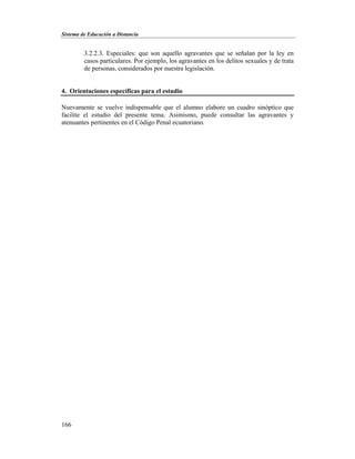 Sistema de Educación a Distancia
166
3.2.2.3. Especiales: que son aquello agravantes que se señalan por la ley en
casos particulares. Por ejemplo, los agravantes en los delitos sexuales y de trata
de personas, considerados por nuestra legislación.
4. Orientaciones específicas para el estudio
Nuevamente se vuelve indispensable que el alumno elabore un cuadro sinóptico que
facilite el estudio del presente tema. Asimismo, puede consultar las agravantes y
atenuantes pertinentes en el Código Penal ecuatoriano.
 