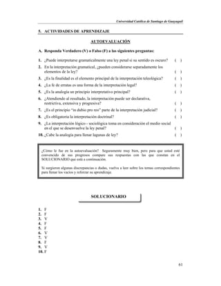 Universidad Católica de Santiago de Guayaquil
61
5. ACTIVIDADES DE APRENDIZAJE
AUTOEVALUACIÓN
A. Responda Verdadero (V) o Falso (F) a las siguientes preguntas:
1. ¿Puede interpretarse gramaticalmente una ley penal si su sentido es oscuro? ( )
2. En la interpretación gramatical, ¿pueden considerarse separadamente los
elementos de la ley? ( )
3. ¿Es la finalidad es el elemento principal de la interpretación teleológica? ( )
4. ¿La fe de erratas es una forma de la interpretación legal? ( )
5. ¿Es la analogía un principio interpretativo principal? ( )
6. ¿Atendiendo al resultado, la interpretación puede ser declarativa,
restrictiva, extensiva y progresiva? ( )
7. ¿Es el principio “in dubio pro reo” parte de la interpretación judicial? ( )
8. ¿Es obligatoria la interpretación doctrinal? ( )
9. ¿La interpretación lógico - sociológica toma en consideración el medio social
en el que se desenvuelve la ley penal? ( )
10. ¿Cabe la analogía para llenar lagunas de ley? ( )
1. F
2. F
3. V
4. F
5. F
6. V
7. V
8. F
9. V
10. F
SOLUCIONARIO
¿Cómo le fue en la autoevaluación? Seguramente muy bien, pero para que usted esté
convencido de sus progresos compare sus respuestas con las que constan en el
SOLUCIONARIO que está a continuación.
Si surgieron algunas discrepancias o dudas, vuelva a leer sobre los temas correspondientes
para llenar los vacíos y reforzar su aprendizaje.
 