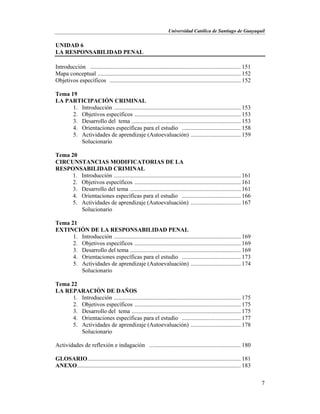 Universidad Católica de Santiago de Guayaquil
7
UNIDAD 6
LA RESPONSABILIDAD PENAL
Introducción ...................................................................................................... 151
Mapa conceptual ................................................................................................. 152
Objetivos específicos ......................................................................................... 152
Tema 19
LA PARTICIPACIÓN CRIMINAL
1. Introducción ...................................................................................... 153
2. Objetivos específicos ........................................................................ 153
3. Desarrollo del tema .......................................................................... 153
4. Orientaciones específicas para el estudio ........................................ 158
5. Actividades de aprendizaje (Autoevaluación) .................................. 159
Solucionario
Tema 20
CIRCUNSTANCIAS MODIFICATORIAS DE LA
RESPONSABILIDAD CRIMINAL
1. Introducción ...................................................................................... 161
2. Objetivos específicos ........................................................................ 161
3. Desarrollo del tema ........................................................................... 161
4. Orientaciones específicas para el estudio ........................................ 166
5. Actividades de aprendizaje (Autoevaluación) .................................. 167
Solucionario
Tema 21
EXTINCIÓN DE LA RESPONSABILIDAD PENAL
1. Introducción ...................................................................................... 169
2. Objetivos específicos ........................................................................ 169
3. Desarrollo del tema ........................................................................... 169
4. Orientaciones específicas para el estudio ........................................ 173
5. Actividades de aprendizaje (Autoevaluación) .................................. 174
Solucionario
Tema 22
LA REPARACIÓN DE DAÑOS
1. Introducción ...................................................................................... 175
2. Objetivos específicos ........................................................................ 175
3. Desarrollo del tema .......................................................................... 175
4. Orientaciones específicas para el estudio ........................................ 177
5. Actividades de aprendizaje (Autoevaluación) .................................. 178
Solucionario
Actividades de reflexión e indagación .............................................................. 180
GLOSARIO........................................................................................................ 181
ANEXO............................................................................................................... 183
 