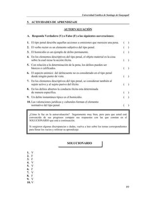 Universidad Católica de Santiago de Guayaquil
89
5. ACTIVIDADES DE APRENDIZAJE
AUTOEVALUACIÓN
A. Responda Verdadero (V) o Falso (F) a las siguientes aseveraciones:
1. El tipo penal describe aquellas acciones u omisiones que merecen una pena. ( )
2. El verbo rector es un elemento subjetivo del tipo penal. ( )
3. El homicidio es un ejemplo de delito permanente. ( )
4. En los elementos descriptivos del tipo penal, el objeto material es la cosa
sobre la cual recae la acción ilícita. ( )
5. Con relación a la determinación de la pena, los delitos pueden ser
básicos o calificados. ( )
6. El aspecto anímico del delincuente no es considerado en el tipo penal
desde ningún punto de vista. ( )
7. En los elementos descriptivos del tipo penal, se consideran también al
sujeto activo y al sujeto pasivo del ilícito. ( )
8. En los delitos abiertos la conducta ilícita esta determinada
de manera especifica. ( )
9. Un delito instantáneo típico es el homicidio. ( )
10. Las valoraciones jurídicas y culturales forman el elemento
normativo del tipo penal. ( )
1. V
2. F
3. F
4. V
5. V
6. F
7. V
8. F
9. V
10. V
SOLUCIONARIO
¿Cómo le fue en la autoevaluación? Seguramente muy bien, pero para que usted esté
convencido de sus progresos compare sus respuestas con las que constan en el
SOLUCIONARIO que está a continuación.
Si surgieron algunas discrepancias o dudas, vuelva a leer sobre los temas correspondientes
para llenar los vacíos y reforzar su aprendizaje.
 