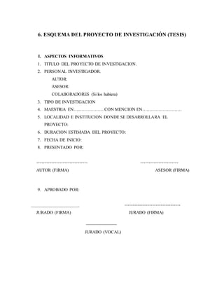 6. ESQUEMA DEL PROYECTO DE INVESTIGACIÓN (TESIS)
I. ASPECTOS INFORMATIVOS
1. TITULO DEL PROYECTO DE INVESTIGACION.
2. PERSONAL INVESTIGADOR.
AUTOR:
ASESOR:
COLABORADORES (Si los hubiera)
3. TIPO DE INVESTIGACION
4. MAESTRIA EN…..……………. CON MENCION EN………………………
5. LOCALIDAD E INSTITUCION DONDE SE DESARROLLARA EL
PROYECTO:
6. DURACION ESTIMADA DEL PROYECTO:
7. FECHA DE INICIO:
8. PRESENTADO POR:
------------------------------- -----------------------
AUTOR (FIRMA) ASESOR (FIRMA)
9. APROBADO POR:
______________________ ----------------------------------
JURADO (FIRMA) JURADO (FIRMA)
______________
JURADO (VOCAL)
 