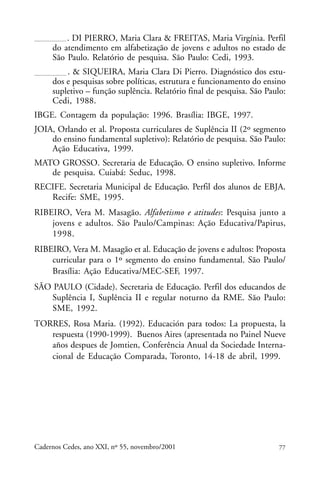 . DI PIERRO, Maria Clara & FREITAS, Maria Virgínia. Perfil
                                                          ARTIGOS
     do atendimento em alfabetização de jovens e adultos no estado de
     São Paulo. Relatório de pesquisa. São Paulo: Cedi, 1993.
         . & SIQUEIRA, Maria Clara Di Pierro. Diagnóstico dos estu-
     dos e pesquisas sobre políticas, estrutura e funcionamento do ensino
     supletivo – função suplência. Relatório final de pesquisa. São Paulo:
     Cedi, 1988.
IBGE. Contagem da população: 1996. Brasília: IBGE, 1997.
JOIA, Orlando et al. Proposta curriculares de Suplência II (2º segmento
    do ensino fundamental supletivo): Relatório de pesquisa. São Paulo:
    Ação Educativa, 1999.
MATO GROSSO. Secretaria de Educação. O ensino supletivo. Informe
   de pesquisa. Cuiabá: Seduc, 1998.
RECIFE. Secretaria Municipal de Educação. Perfil dos alunos de EBJA.
   Recife: SME, 1995.
RIBEIRO, Vera M. Masagão. Alfabetismo e atitudes: Pesquisa junto a
    jovens e adultos. São Paulo/Campinas: Ação Educativa/Papirus,
    1998.
RIBEIRO, Vera M. Masagão et al. Educação de jovens e adultos: Proposta
    curricular para o 1º segmento do ensino fundamental. São Paulo/
    Brasília: Ação Educativa/MEC-SEF, 1997.
SÃO PAULO (Cidade). Secretaria de Educação. Perfil dos educandos de
    Suplência I, Suplência II e regular noturno da RME. São Paulo:
    SME, 1992.
TORRES, Rosa Maria. (1992). Educación para todos: La propuesta, la
   respuesta (1990-1999). Buenos Aires (apresentada no Painel Nueve
   años despues de Jomtien, Conferência Anual da Sociedade Interna-
   cional de Educação Comparada, Toronto, 14-18 de abril, 1999.




Cadernos Cedes, ano XXI, nº 55, novembro/2001                           77
 