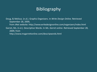 BibliographyDoug, & Melissa. (n.d.). Graphis Organizers. In Write Design Online. Retrieved September 28, 2009, from zNet website: http://www.writedesignonline.com/organizers/index.htmlGarret, Ms. (n.d.). Descriptive Words. In Ms. Garret online. Retrieved September 28, 2009, from http://www.msgarrettonline.com/descripwords.html