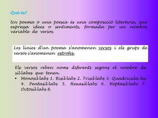 Què és?

Un poema o una poesia és una composició literària, que
expressa idees o sentiments, formada per un nombre
variable de versos.



 Les línies d’un poema s’anomenen versos i els grups de
 versos s’anomenen estrofes.


 Els versos reben noms diferents segons el nombre de
 síl·labes que tenen.
  Monosíl·labs 1. Bisíl·labs 2. Trisíl·labs 3. Quadricula-les
     4. Pentasíl·labs 5. Hexasíl·labs 6. Heptasíl·labs 7.
     Octosíl·labs 8.
 