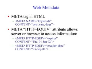 Web Metadata
• META tag in HTML
– <META NAME=“keywords”
CONTENT=“pets, cats, dogs”>
• META “HTTP-EQUIV” attribute allows
server or browser to access information:
– <META HTTP-EQUIV=“expires”
CONTENT=“Tue, 01 Jan 02”>
– <META HTTP-EQUIV=“creation-date”
CONTENT=“23-Sep-01”>
 