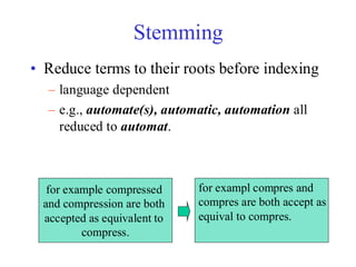 Stemming
• Reduce terms to their roots before indexing
– language dependent
– e.g., automate(s), automatic, automation all
reduced to automat.
for example compressed
and compression are both
accepted as equivalent to
compress.
for exampl compres and
compres are both accept as
equival to compres.
 