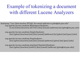 Example of tokenizing a document
with different Lucene Analyzers
 