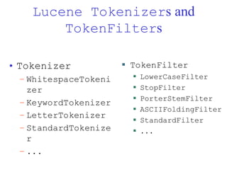 Lucene Tokenizers and
TokenFilters
• Tokenizer
– WhitespaceTokeni
zer
– KeywordTokenizer
– LetterTokenizer
– StandardTokenize
r
– ...
▪ TokenFilter
▪ LowerCaseFilter
▪ StopFilter
▪ PorterStemFilter
▪ ASCIIFoldingFilter
▪ StandardFilter
▪ ...
 