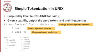 Dan Jurafsky
Simple Tokenization in UNIX
• (Inspired by Ken Church’s UNIX for Poets.)
• Given a text file, output the word tokens and their frequencies
tr -sc ’A-Za-z’ ’n’ < shakes.txt
| sort
| uniq –c
1945 A
72 AARON
19 ABBESS
5 ABBOT
... ...
25 Aaron
6 Abate
1 Abates
5 Abbess
6 Abbey
3 Abbot
.... …
Change all non-alpha to newlines
Sort in alphabetical order
Merge and count each type
 
