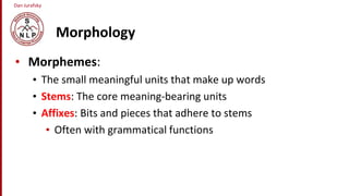 Dan Jurafsky
Morphology
• Morphemes:
• The small meaningful units that make up words
• Stems: The core meaning-bearing units
• Affixes: Bits and pieces that adhere to stems
• Often with grammatical functions
 