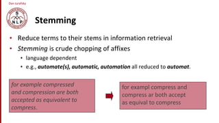 Dan Jurafsky
Stemming
• Reduce terms to their stems in information retrieval
• Stemming is crude chopping of affixes
• language dependent
• e.g., automate(s), automatic, automation all reduced to automat.
for example compressed
and compression are both
accepted as equivalent to
compress.
for exampl compress and
compress ar both accept
as equival to compress
 
