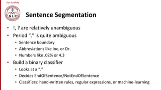 Dan Jurafsky
Sentence Segmentation
• !, ? are relatively unambiguous
• Period “.” is quite ambiguous
• Sentence boundary
• Abbreviations like Inc. or Dr.
• Numbers like .02% or 4.3
• Build a binary classifier
• Looks at a “.”
• Decides EndOfSentence/NotEndOfSentence
• Classifiers: hand-written rules, regular expressions, or machine-learning
 