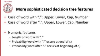 Dan Jurafsky
More sophisticated decision tree features
• Case of word with “.”: Upper, Lower, Cap, Number
• Case of word after “.”: Upper, Lower, Cap, Number
• Numeric features
• Length of word with “.”
• Probability(word with “.” occurs at end-of-s)
• Probability(word after “.” occurs at beginning-of-s)
 