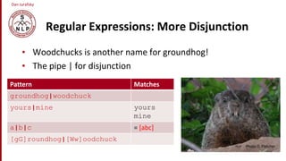 Dan Jurafsky
Regular Expressions: More Disjunction
• Woodchucks is another name for groundhog!
• The pipe | for disjunction
Pattern Matches
groundhog|woodchuck
yours|mine yours
mine
a|b|c = [abc]
[gG]roundhog|[Ww]oodchuck
Photo D. Fletcher
 