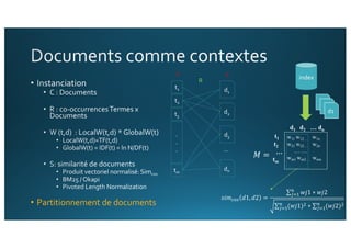 • Partitionnement de documents
w11 w12… w1n
w21 w22… w2n
… …
wm1 wm2… wmn
d1 d2 … dn
t1
t2
…
tm
𝑠𝑖𝑚$%& 𝑑1, 𝑑2 =
∑ 𝑤𝑗1 ∗ 𝑤𝑗20
123
∑ (𝑤𝑗1)60
123 ∗ ∑ (𝑤𝑗2)60
123
	
…
d1
index
.
.
.
tm
t1
t2
t3
d1
d2
d3
dn
R
T C
𝑀 =	
 