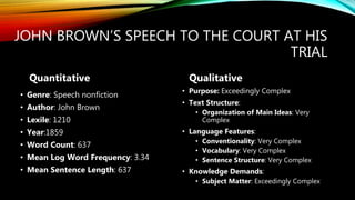 JOHN BROWN’S SPEECH TO THE COURT AT HIS
TRIAL
Quantitative
• Genre: Speech nonfiction
• Author: John Brown
• Lexile: 1210
• Year:1859
• Word Count: 637
• Mean Log Word Frequency: 3.34
• Mean Sentence Length: 637
Qualitative
• Purpose: Exceedingly Complex
• Text Structure:
• Organization of Main Ideas: Very
Complex
• Language Features:
• Conventionality: Very Complex
• Vocabulary: Very Complex
• Sentence Structure: Very Complex
• Knowledge Demands:
• Subject Matter: Exceedingly Complex
 