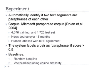 ExperimentAutomatically identify if two text segments are paraphrases of each otherCorpus: Microsoft paraphrase corpus [Dolan et al 2004]4,076 training  and 1,725 test setNews source over 18 monthsHuman labelled with 83% agreementThe system labels a pair as ‘paraphrase’ if score > 0.5Baselines:Random baselineVector-based using cosine similarity18