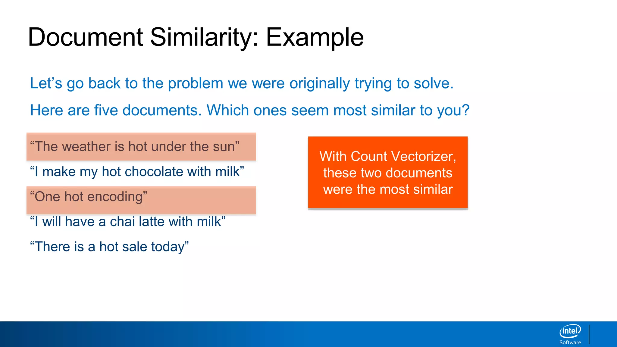 Document Similarity: Example
Let’s go back to the problem we were originally trying to solve.
Here are five documents. Which ones seem most similar to you?
“The weather is hot under the sun”
“I make my hot chocolate with milk”
“One hot encoding”
“I will have a chai latte with milk”
“There is a hot sale today”
With Count Vectorizer,
these two documents
were the most similar
 