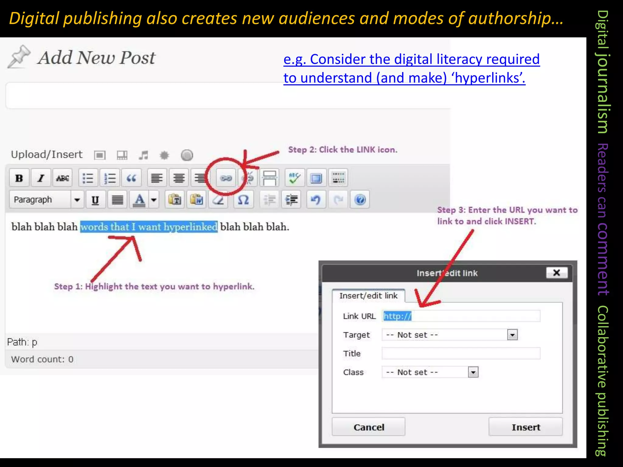 Digital publishing also creates new audiences and modes of authorship…e.g. Consider the digital literacy required to understand (and make) ‘hyperlinks’.Digital journalism Readers can comment  Collaborative publishing