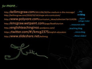 for more…http://kellimcgraw.com/2011/06/30/the-medium-is-the-message/ http://kellimcgraw.com/2010/10/14/shape-arts-curriculum/ http://www.polyvore.com/curriculum_ideas/collection?id=514296 http://kmcgraw.wetpaint.com/page/Bookfuturism http://englishteachinginoz.wordpress.com/ https://twitter.com/#!/kmcg2375/english-educators http://www.slideshare.net/kellimcgraw…my weblog…digital collage maker…resources wiki…teaching blog…micro blog…these slides!