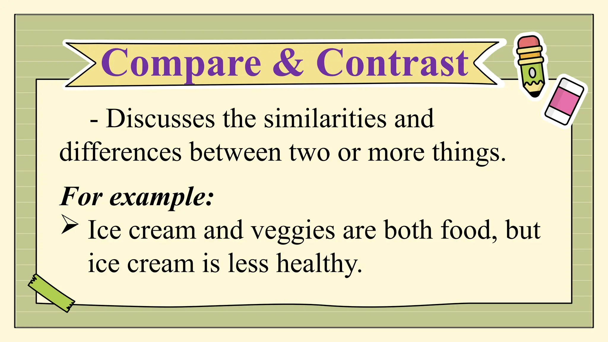 - Discusses the similarities and
differences between two or more things.
For example:
 Ice cream and veggies are both food, but
ice cream is less healthy.
Compare & Contrast
 