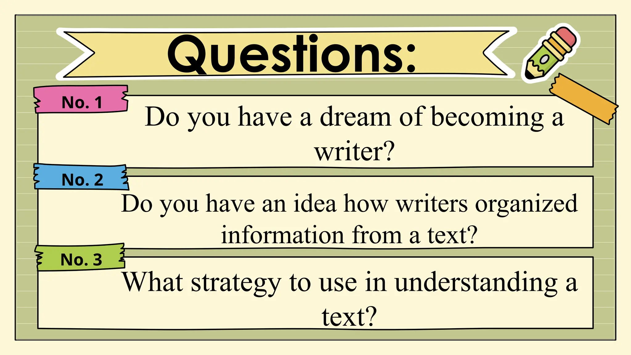 No. 1
No. 2
No. 3
Do you have a dream of becoming a
writer?
Questions:
Do you have an idea how writers organized
information from a text?
What strategy to use in understanding a
text?
 