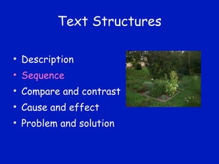 Text Structures Description Sequence Compare and contrast Cause and effect Problem and solution 