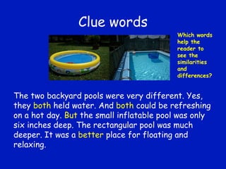 Clue words The two backyard pools were very different. Yes, they  both  held water. And  both  could be refreshing on a hot day.  But  the small inflatable pool was only six inches deep. The rectangular pool was much deeper. It was a  better  place for floating and relaxing. Which words help the reader to see the similarities and differences? 