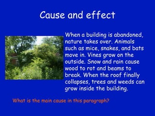 Cause and effect When a building is abandoned, nature takes over. Animals such as mice, snakes, and bats move in. Vines grow on the outside. Snow and rain cause wood to rot and beams to break. When the roof finally collapses, trees and weeds can grow inside the building.  What is the main cause in this paragraph? 