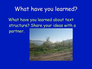 What have you learned? What have you learned about text structure? Share your ideas with a partner. 