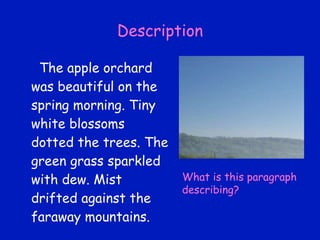Description The apple orchard was beautiful on the spring morning. Tiny white blossoms dotted the trees. The green grass sparkled with dew. Mist drifted against the faraway mountains. What is this paragraph describing? 