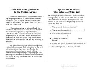 Text Structure Questions 
in the Content Areas 
How can you help all readers to succeed? 
By helping students to understand content 
area text, you can give them the tools they 
need to learn new concepts today, next year, 
and into the future. 
Content area text is often difficult for 
students. One reason is that this kind of text 
is written using various expository text 
structures. The text structure is the internal 
organization of the text. When readers don’t 
understand text structure, they often fail to 
understand the concept the author is trying to 
explain. 
As you share various content area texts 
with students, draw their attention to the text 
structures that they may see. Textbook 
passages often contain a variety of text 
structures from paragraph to paragraph. Use 
these questions to help start discussions with 
students to help them understand what they 
are reading. 
Questions to ask of 
Chronological Order text 
Chronological order text is text that is written 
in sequence, or time order. This kind of text 
can show how to solve a math problem, the 
events in the Battle of Gettysburg, or the life 
cycle of a fruit fly. 
 Which event is the most important? 
 Which event happened before_________________? 
 Which event happened after 
_____________________? 
 What would happen if _______________ didn’t 
happen? 
 What is the span of time from beginning to end? 
 Why is this process or event important? 
E. Kissner 2014 http://emilykissner.blogspot.com 
 