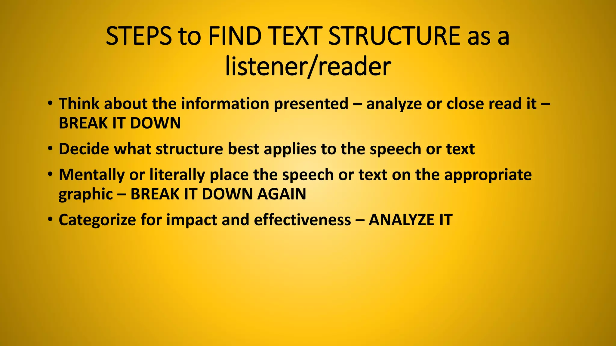 STEPS to FIND TEXT STRUCTURE as a 
listener/reader 
• Think about the information presented – analyze or close read it – 
BREAK IT DOWN 
• Decide what structure best applies to the speech or text 
• Mentally or literally place the speech or text on the appropriate 
graphic – BREAK IT DOWN AGAIN 
• Categorize for impact and effectiveness – ANALYZE IT 
 
