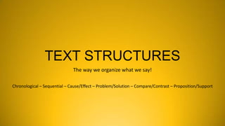 TEXT STRUCTURES
The way we organize what we say!
Chronological – Sequential – Cause/Effect – Problem/Solution – Compare/Contrast – Proposition/Support

 