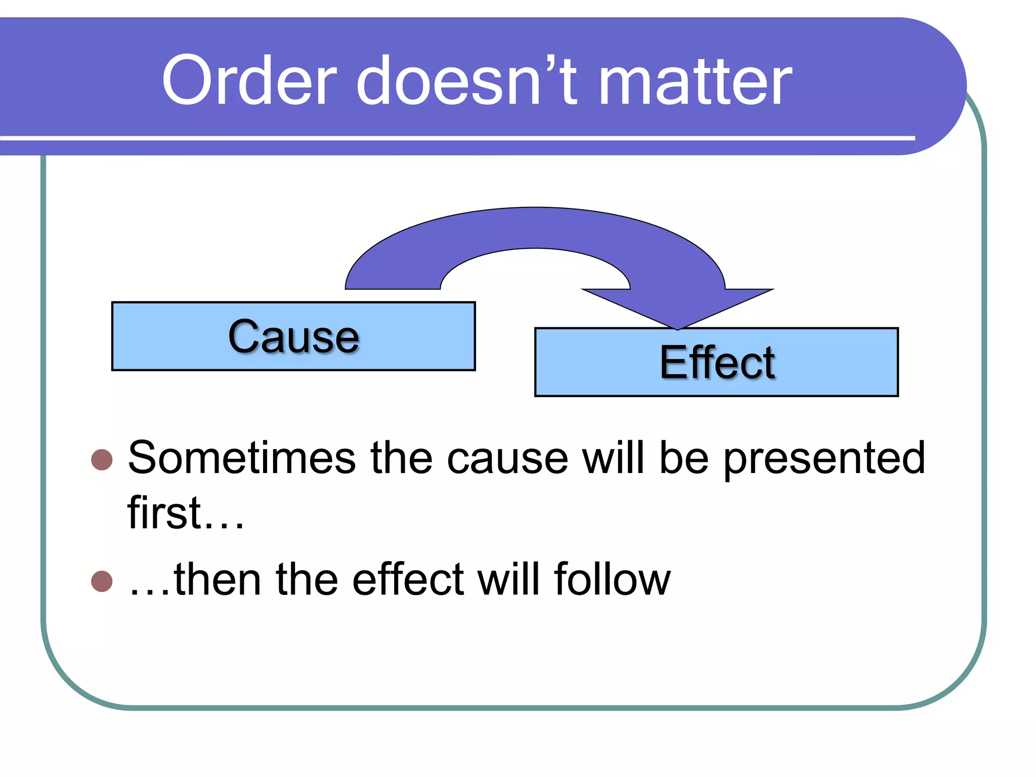 Order doesn’t matter
 Sometimes the cause will be presented
first…
 …then the effect will follow
Cause
Effect
 