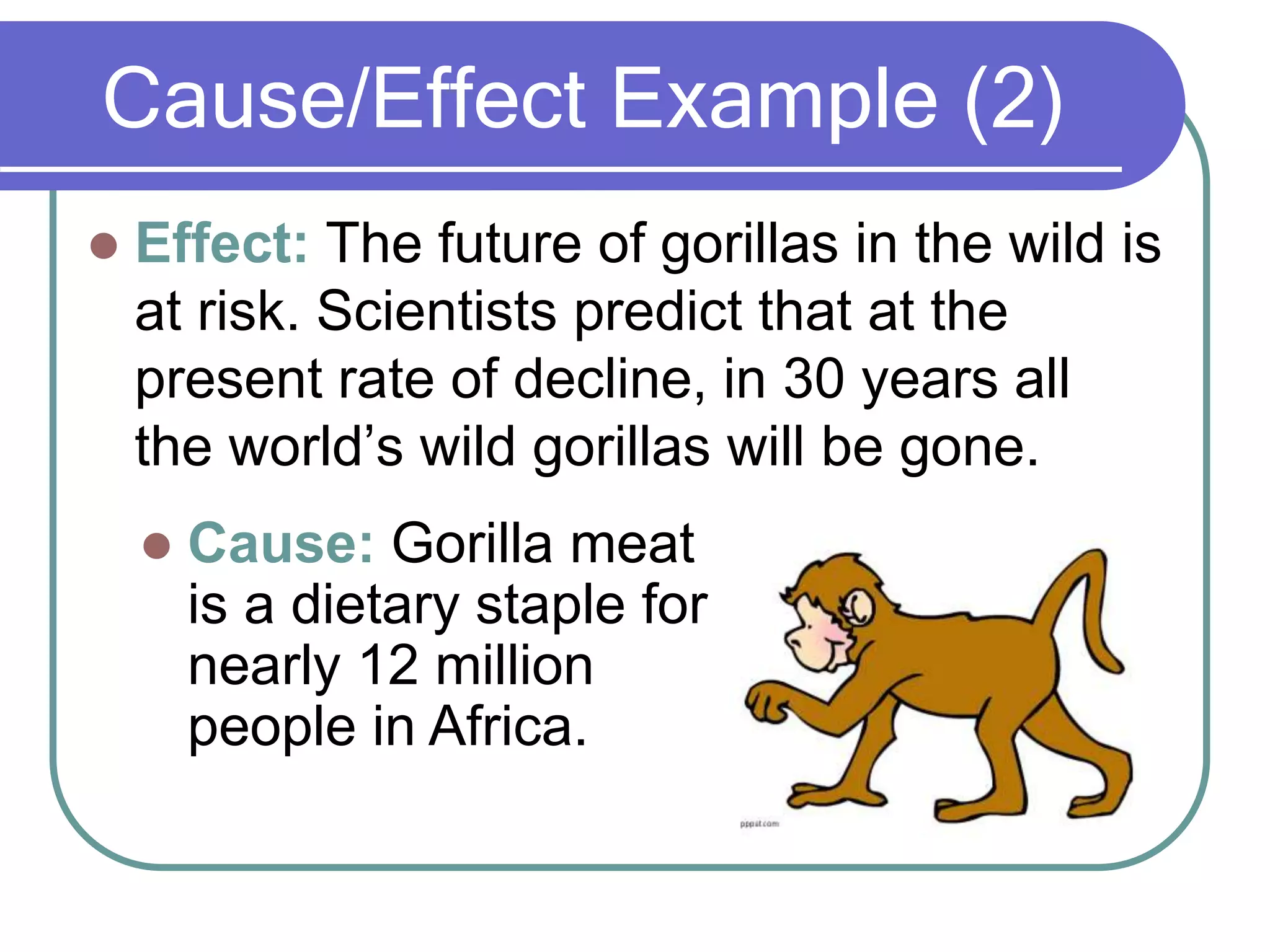 Cause/Effect Example (2)
 Effect: The future of gorillas in the wild is
at risk. Scientists predict that at the
present rate of decline, in 30 years all
the world’s wild gorillas will be gone.
 Cause: Gorilla meat
is a dietary staple for
nearly 12 million
people in Africa.
 