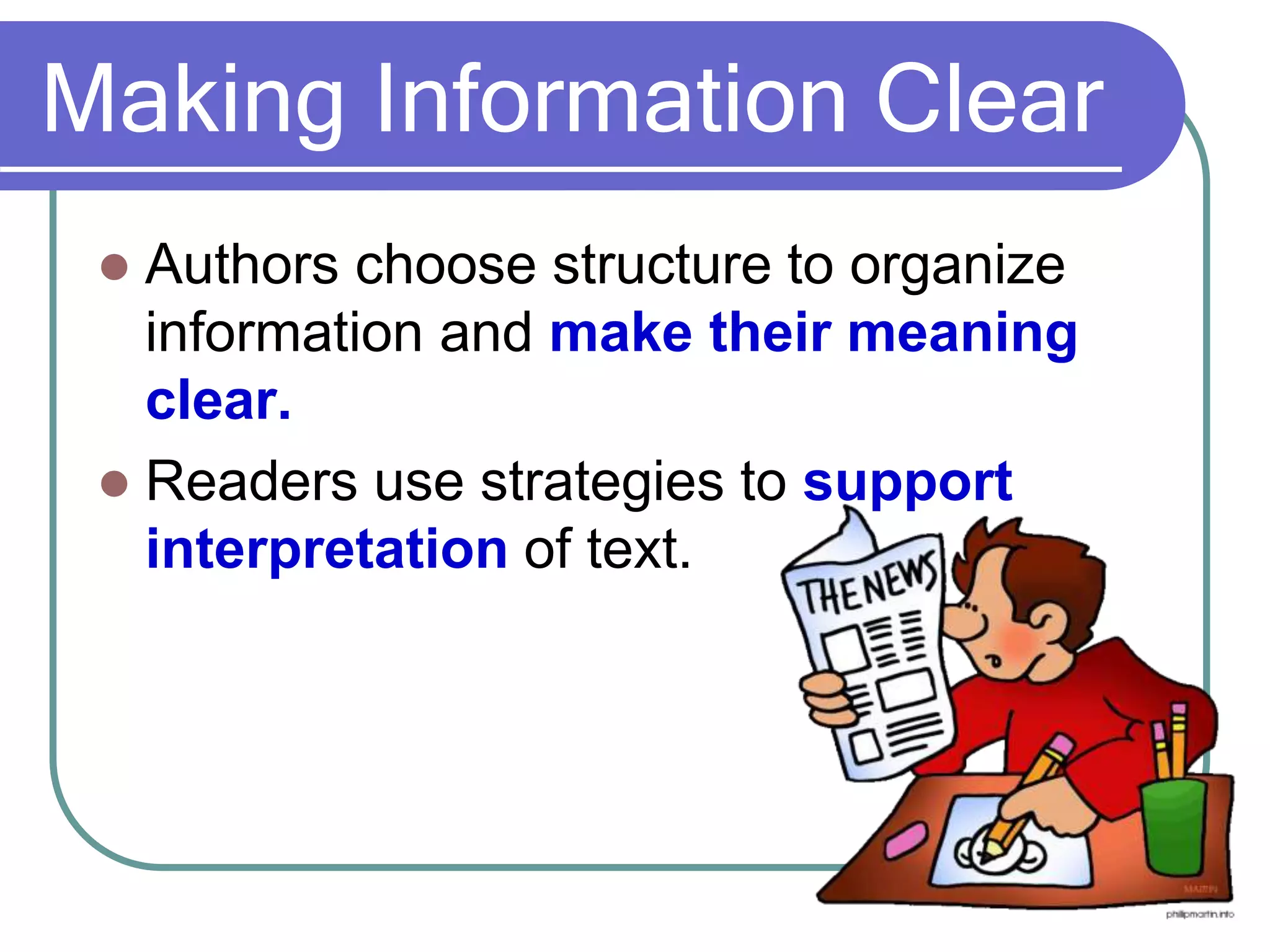 Making Information Clear
 Authors choose structure to organize
information and make their meaning
clear.
 Readers use strategies to support
interpretation of text.
 